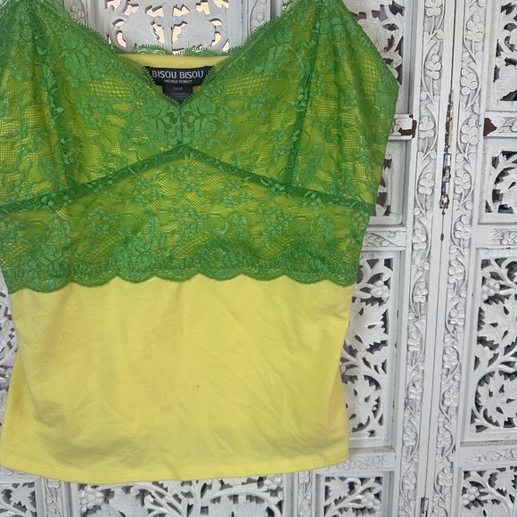 Y2K Bisou Bisou Green & Yellow Lace V Neck Spaghetti Strap Cami Sz Medium - Picture 3 of 5